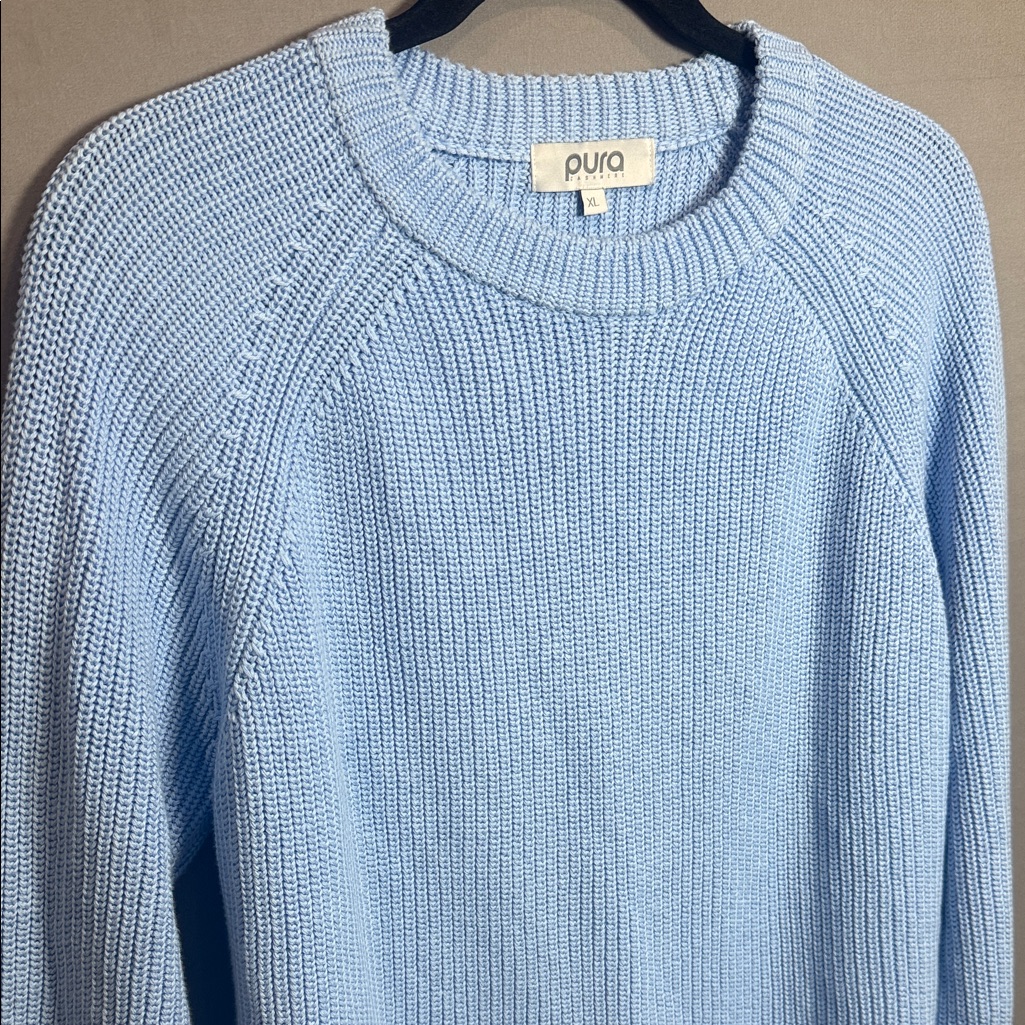 Pura Cashmere Light Blue Cotton Crewneck Sweater - Classic Rib Knit — image 5 of 8